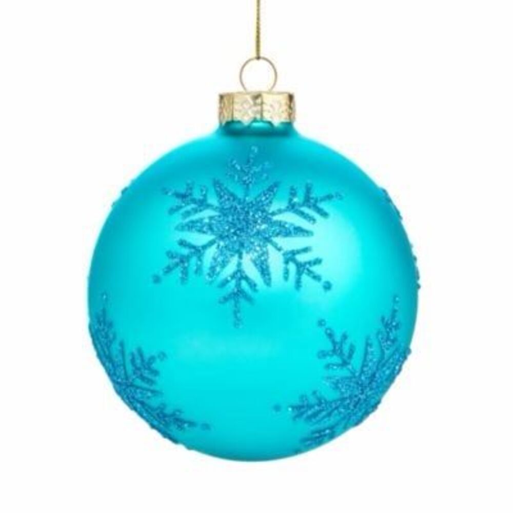 New $35 Turquoise Bauble glass Christmas ornament ball with glitter snowflake